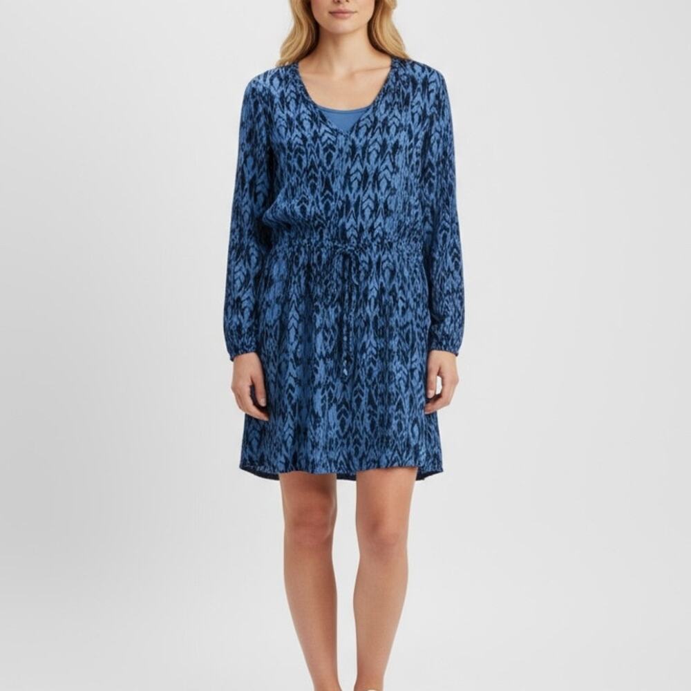 Gap Silky Split Neck Cinch Waist Dress NWT Women's Sz XL Blue Bohemian Ikat Chic